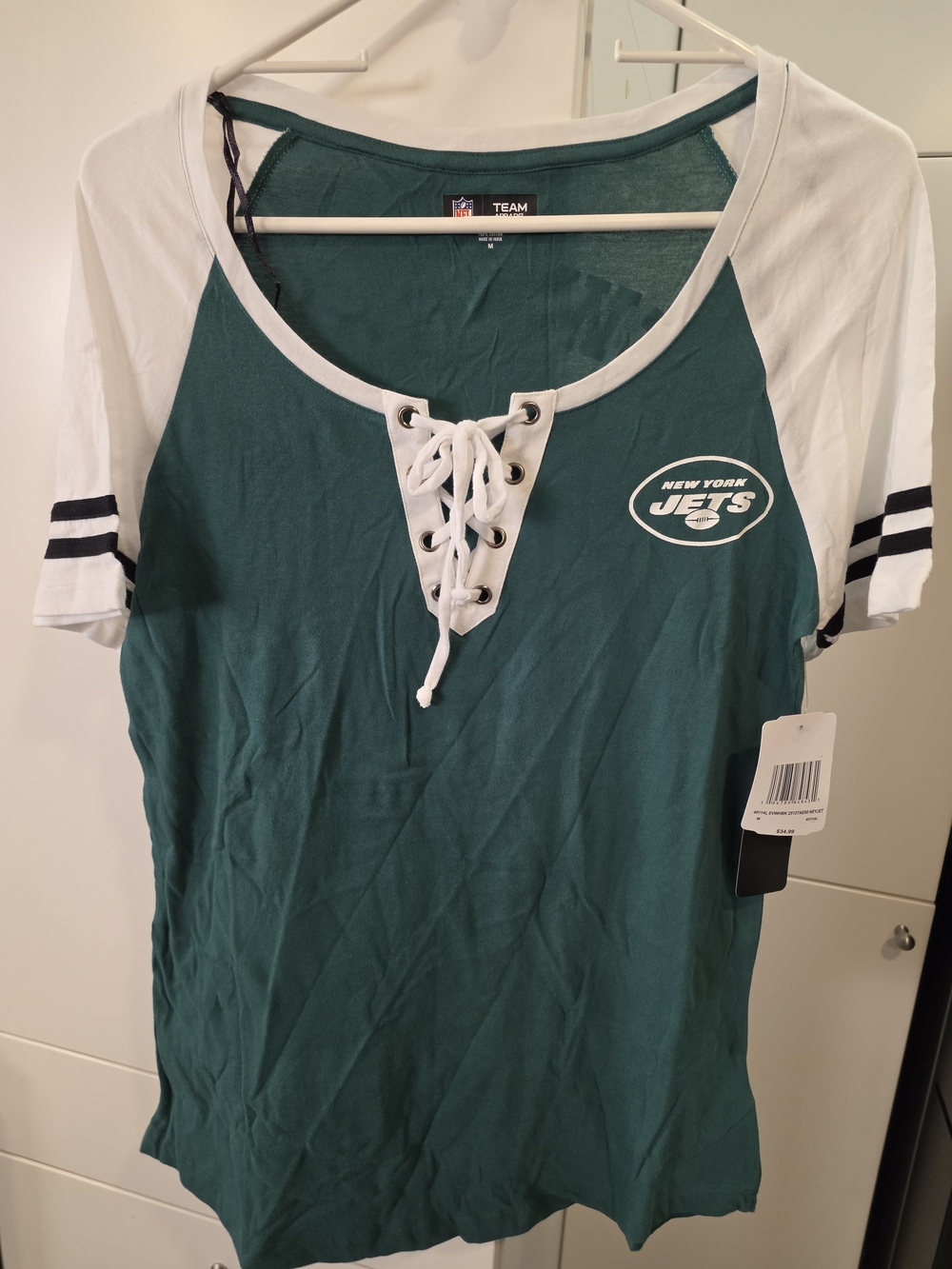NWT NFL Team Apparel New York Jets Lace-Up Raglan T-Shirt Women's Size M
